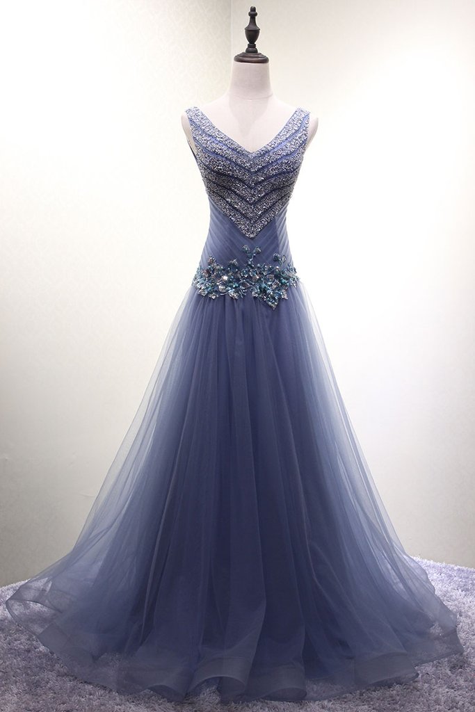 lavender v-neck tulle beaded charming long formal prom dress,HO172