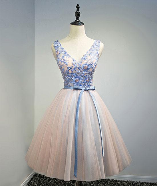 Pink V Neck Tulle Lace Short Prom Dresses, Homecoming Dresses,PD4558951