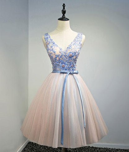 Pink V Neck Tulle Lace Short Prom Dresses, Homecoming Dresses,PD4558951