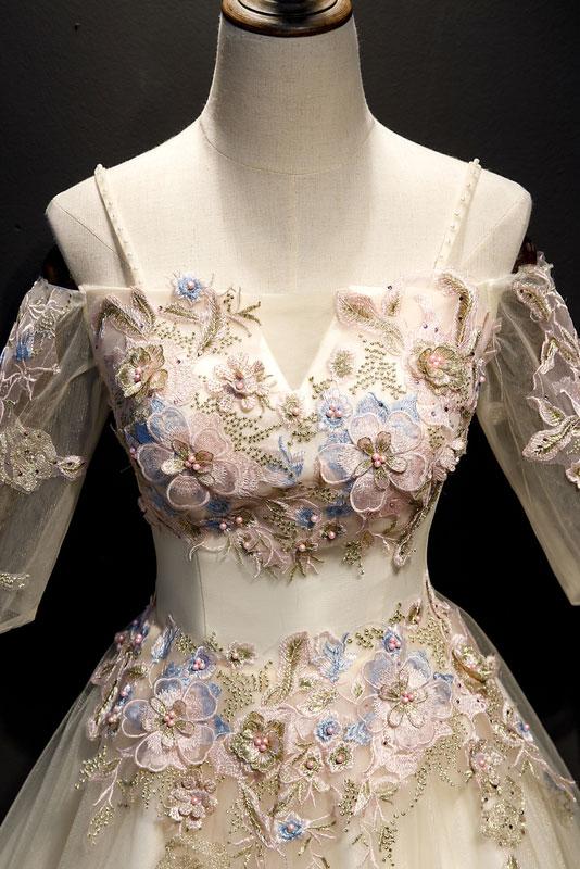 light champagne off shoulder A-line long prom dress with sleeves,HO176
