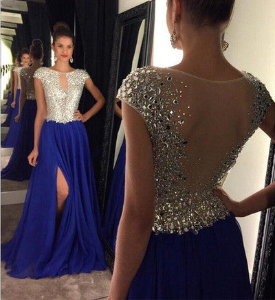 Charming prom Dress,Royal blue Prom Dresses,Side slit prom Dress,Cap sleeves prom dress,Evening dress,BD065