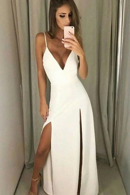 sexy deep v-neck long prom dress with slit white spaghetti straps evening dress, PD4541