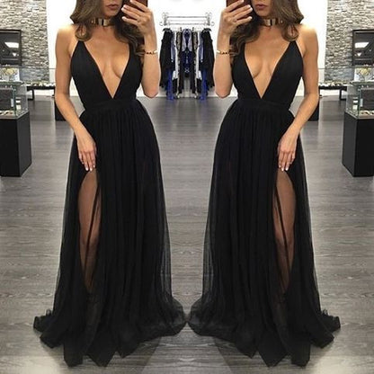 black Evening Dress,v-neck Prom Dress,long prom dress, sexy prom dress,tulle evening dress,BD2700