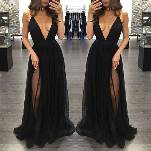 black Evening Dress,v-neck Prom Dress,long prom dress, sexy prom dress,tulle evening dress,BD2700
