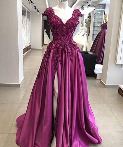 charming v-neck cap sleeves long prom dress side slit evening dress, HO222