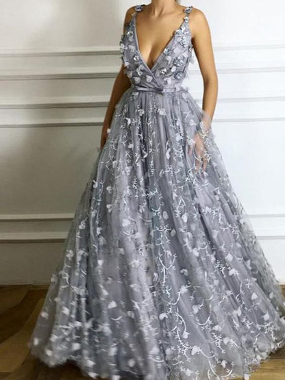 Gray Chic A-line V-neck Floral Long Prom Dresses,PD455895