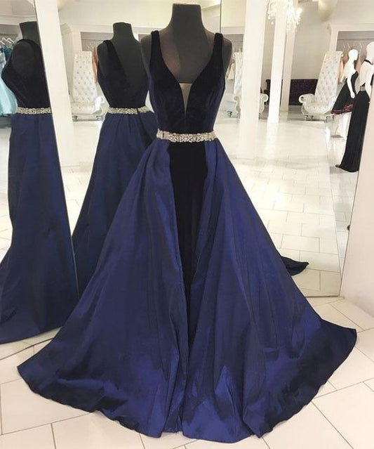 Simple Dark Blue V-Neckline Long Prom Dress,Backless Evening Dresses,PD455844