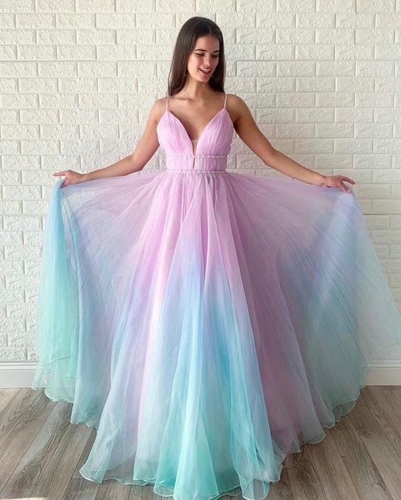 chic spaghetti straps v-neck colorful long prom dress, HO233