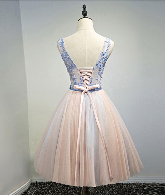 Pink V Neck Tulle Lace Short Prom Dresses, Homecoming Dresses,PD4558951