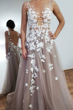 charming grey tulle with lace appliques A-line long prom dress,HO177
