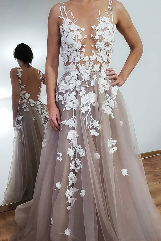 charming grey tulle with lace appliques A-line long prom dress,HO177