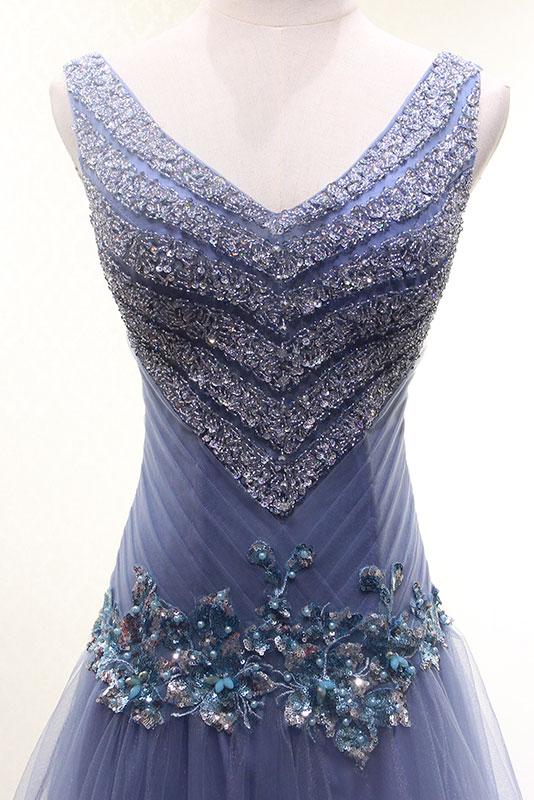 lavender v-neck tulle beaded charming long formal prom dress,HO172