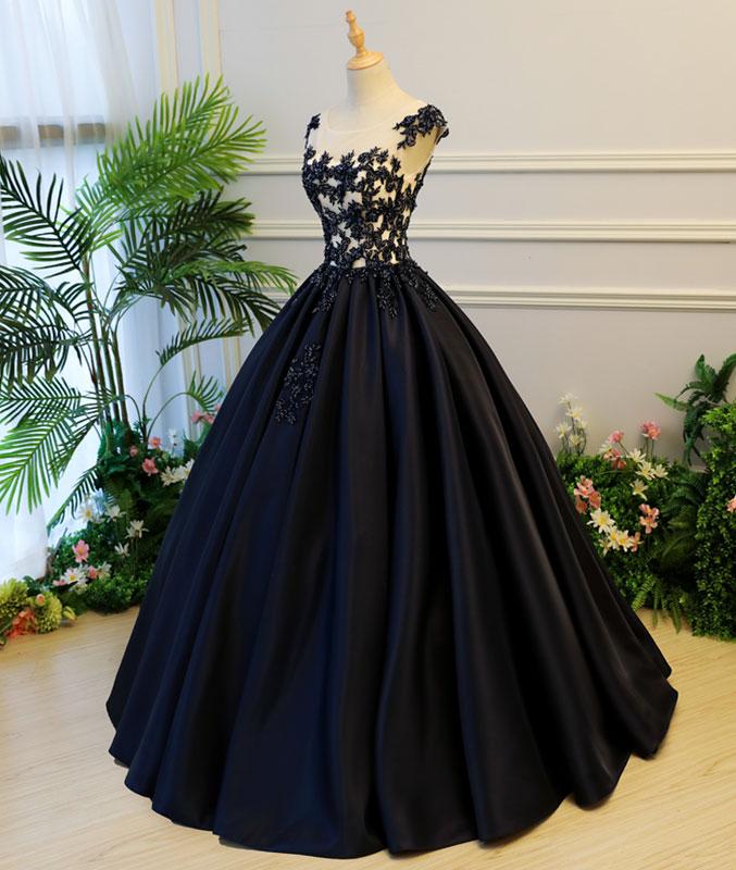 Black Round Neck Satin Long Prom Gown, Black Evening Dresses,PD4558941