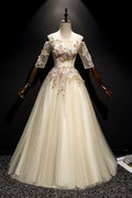 light champagne off shoulder A-line long prom dress with sleeves,HO176