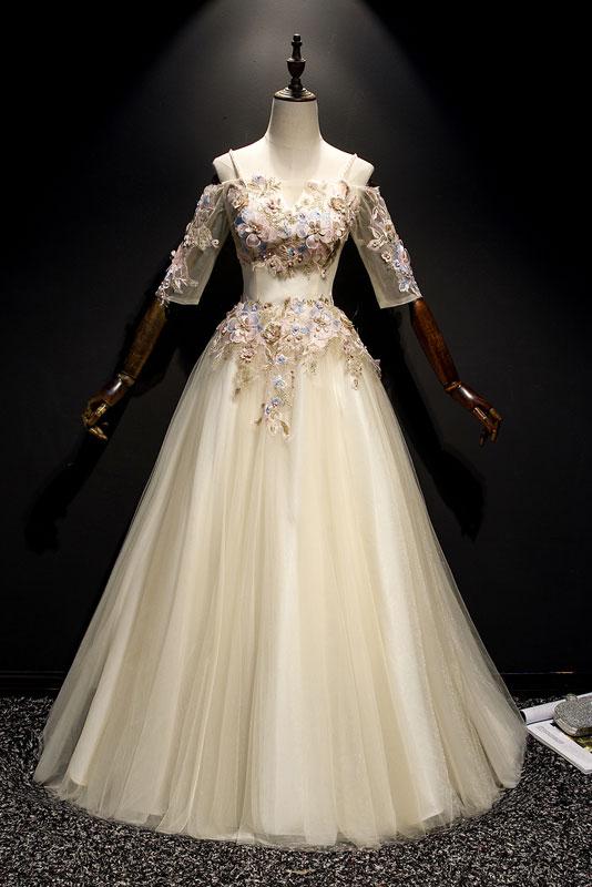 light champagne off shoulder A-line long prom dress with sleeves,HO176