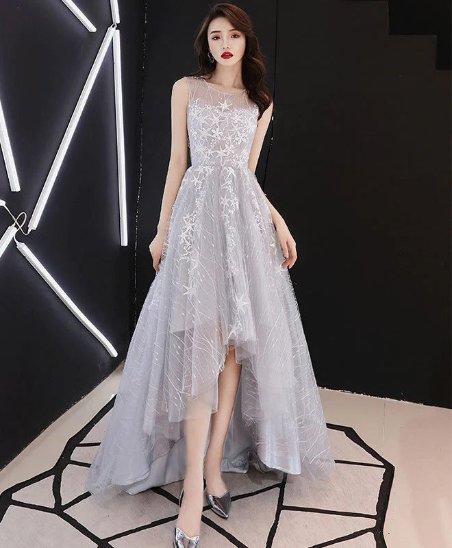 A line Gray Prom Dresses, High Low Gray Homecoming Dresses Lace Formal Graduation Party Dress,BD22199