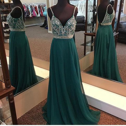 spaghetti straps green beaded long prom dress, HO245