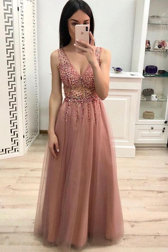 dusty pink tulle v-neck beaded long prom dress, HO244