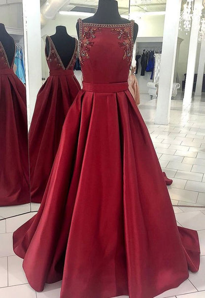 dark red simple a-line prom dress long satin evening gown, HO223