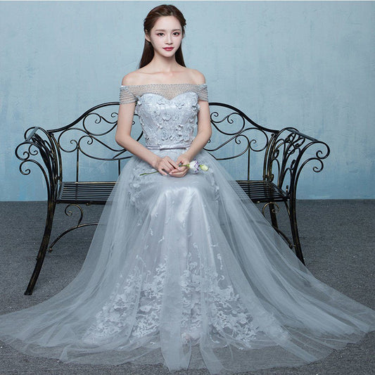 Elegant Grey Off Shoulder Beading Lace Appliques Vintage Lace Up A-line Long Prom DressesBD78