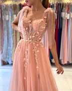Princess Tulle Coral Pink Split Appliques Lace A-Line Prom Dresses,BD22190