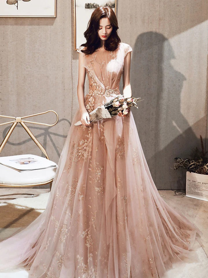 Aline round neck tulle pink long prom dresses