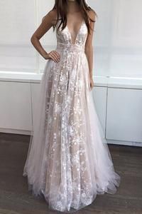 A-Line Deep V-Neck Tulle Lace Appliques Floor-Length Long Sexy Party Prom Dresses