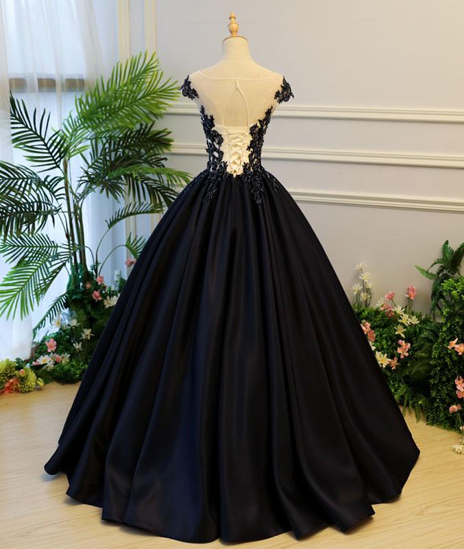 Black Round Neck Satin Long Prom Gown, Black Evening Dresses,PD4558941