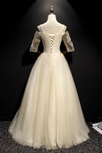 light champagne off shoulder A-line long prom dress with sleeves,HO176