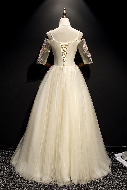 light champagne off shoulder A-line long prom dress with sleeves,HO176