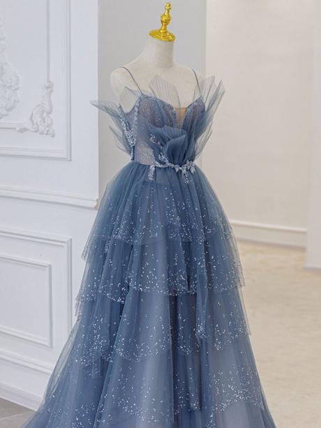 Blue sweetheart tulle sequin long prom dresses, blue evening dress,PD2202