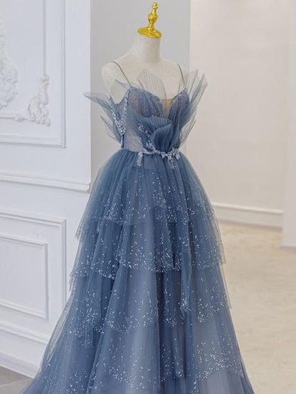 Blue sweetheart tulle sequin long prom dresses, blue evening dress,PD2202