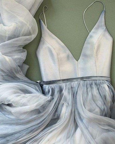 Spaghetti Straps Fluffy Skirt Unique Design Grey Long Prom Dress,HO94