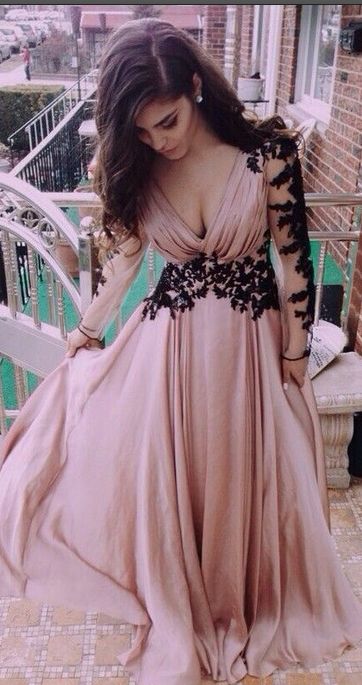 Plus Size Top Selling Deep V-neck Long Sleeves Lace Pink A-line Long Prom Dresses