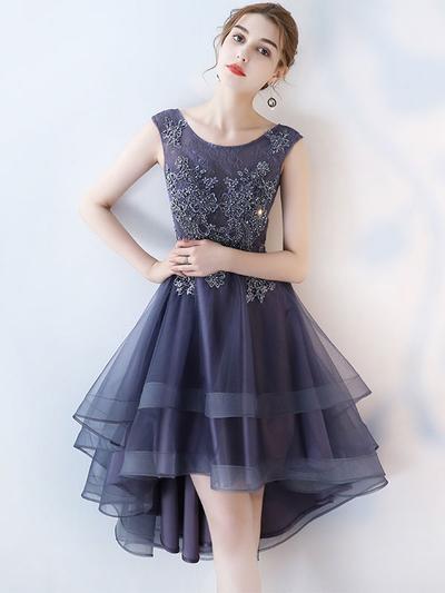 A-line Scoop Neck Dark Grey Lace High Low Prom Dresses,BD36529