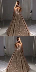 Sparkle Champagne Long A-line Chic Prom Dress,BD62637