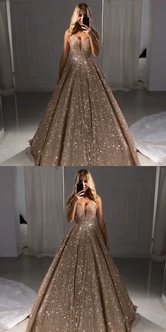 Sparkle Champagne Long A-line Chic Prom Dress,BD62637