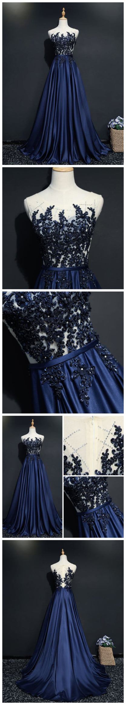 Chic A-line Scoop Dark Navy Floor Length Applique Long Prom Dress Evening Dress ,BD2203