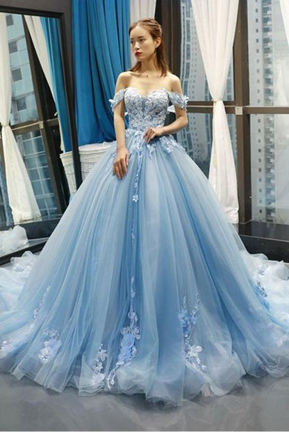 off shoulder light blue long prom dress, HO233