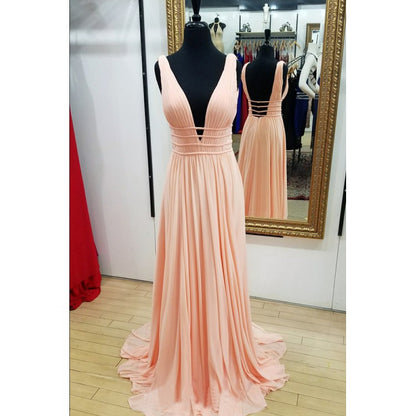 simple pink sexy deep- neck long prom dress chic popular evening dress,HO207