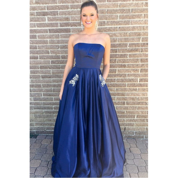 blue strapless simple cheap long prom dress with pockets,HO208