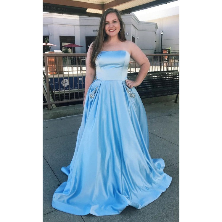blue strapless simple cheap long prom dress with pockets,HO208