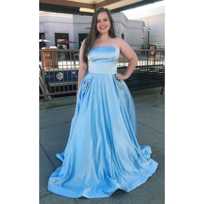blue strapless simple cheap long prom dress with pockets,HO208