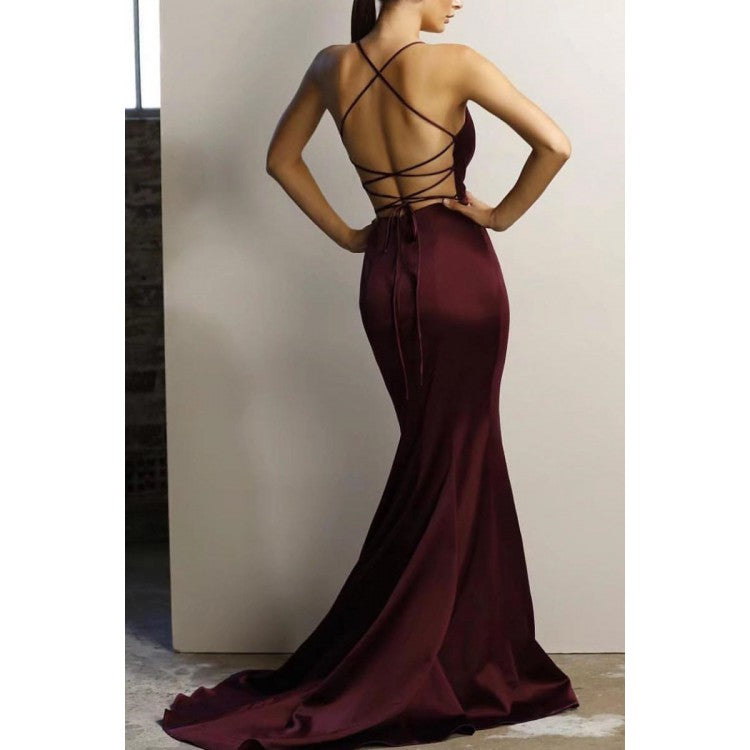 sexy burgundy v-neck mermaid open back long evening dress, HO210