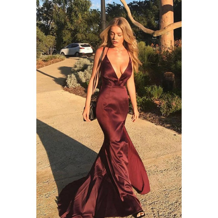 sexy burgundy v-neck mermaid open back long evening dress, HO210