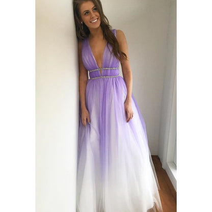 gradient purple color tulle v-neck open back long prom dress, HO209