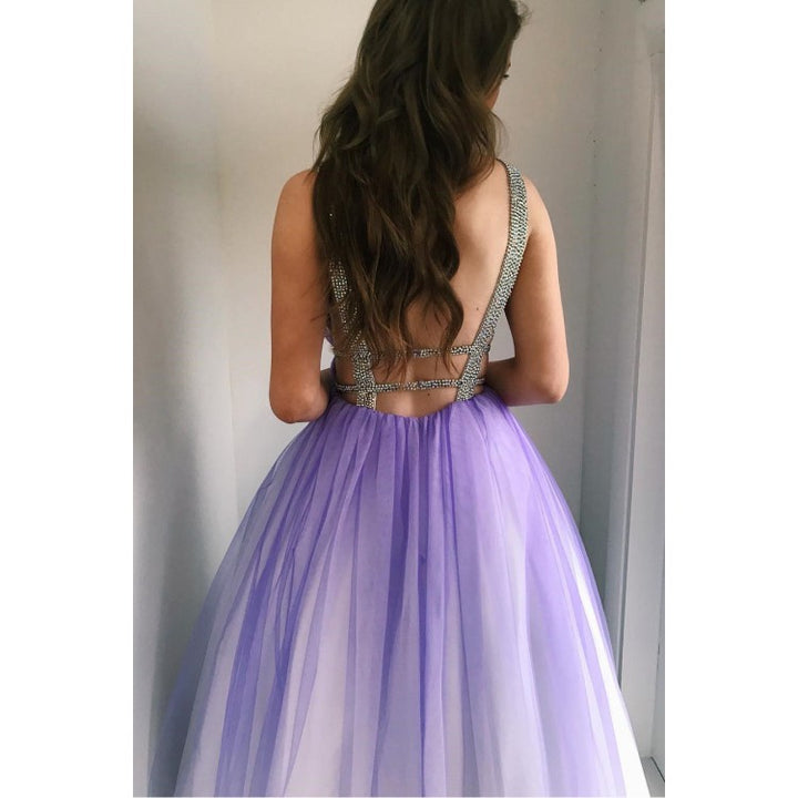 gradient purple color tulle v-neck open back long prom dress, HO209