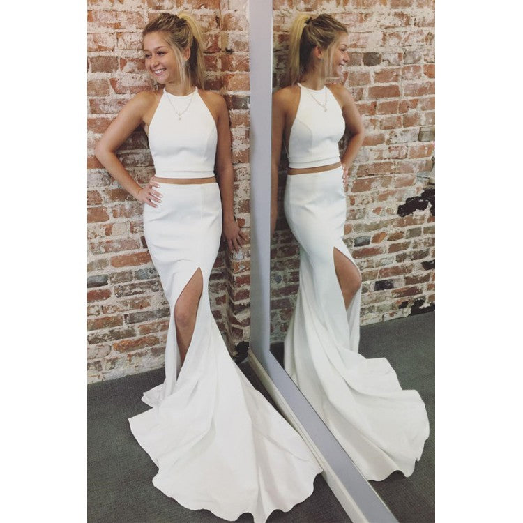 elegant simple white two pieces long prom dress with side slit, HO212