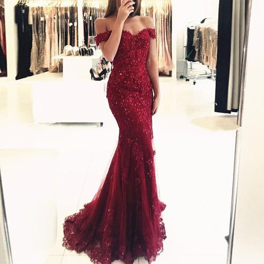 Off Shoulder Dark Red Lace Beaded Evening Mermaid Prom Dresses, Long Sexy Party Prom Dress, Custom Long Prom Dresses, Cheap Formal Prom Dresses,BD62354