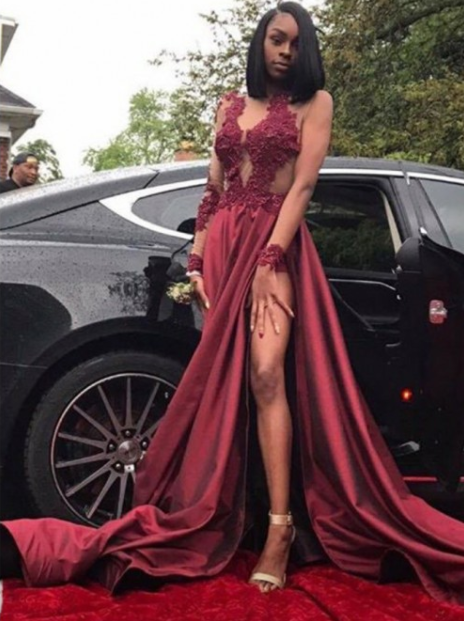 chic sexy burgundy long sleeves side slit evening dress,HO132
